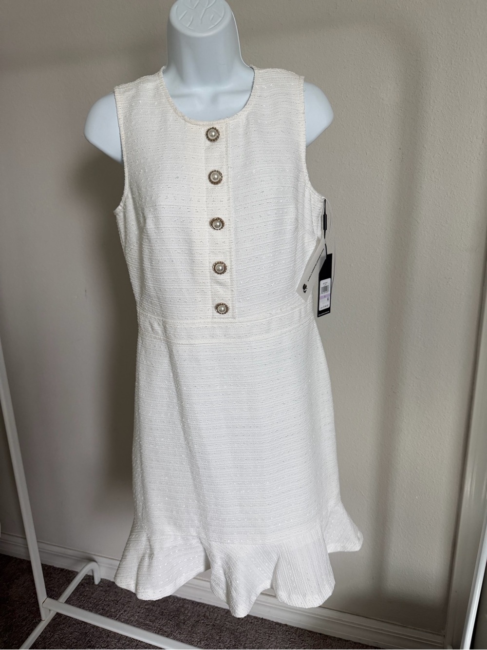 Karl Lagerfeld Sleeveless White Textured Dress with Decorative Buttons